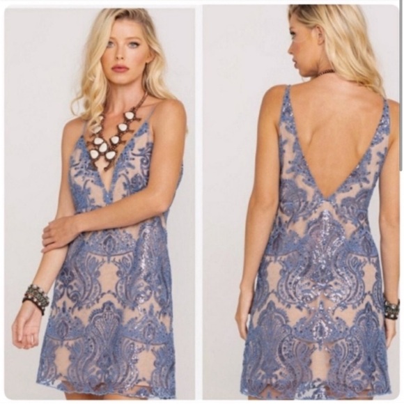 NEW Free People Night Shimmers dress lace mini blue sequined nude look size 2 - Picture 7 of 16